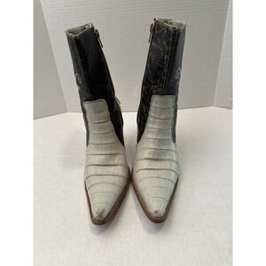 Caiman Leather Embroidered Stiletto Boots White Black Gold/Rhinestones Women 8